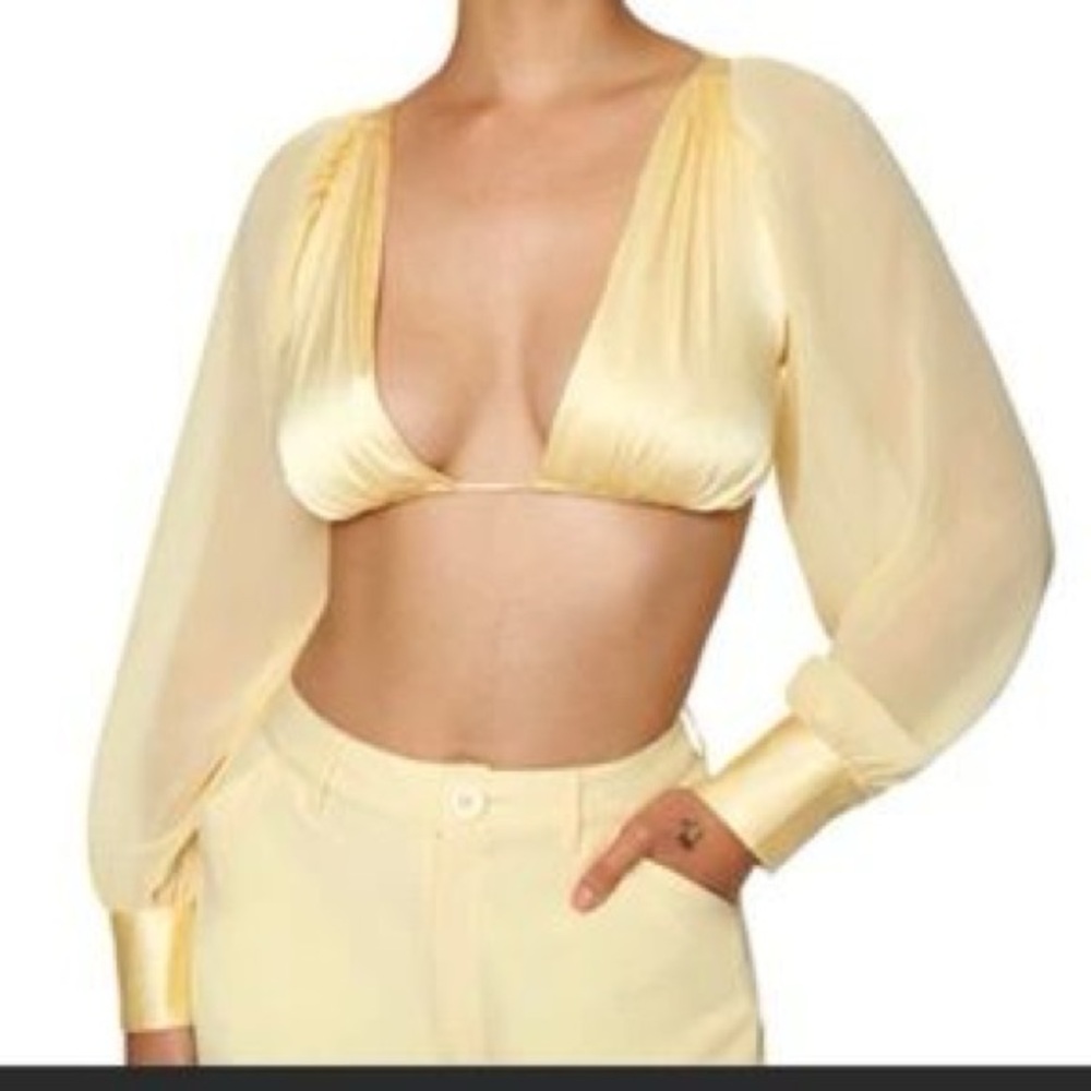 WeWoreWhat Pale Yellow Satin & Sheer Long Sleeve Crop Top